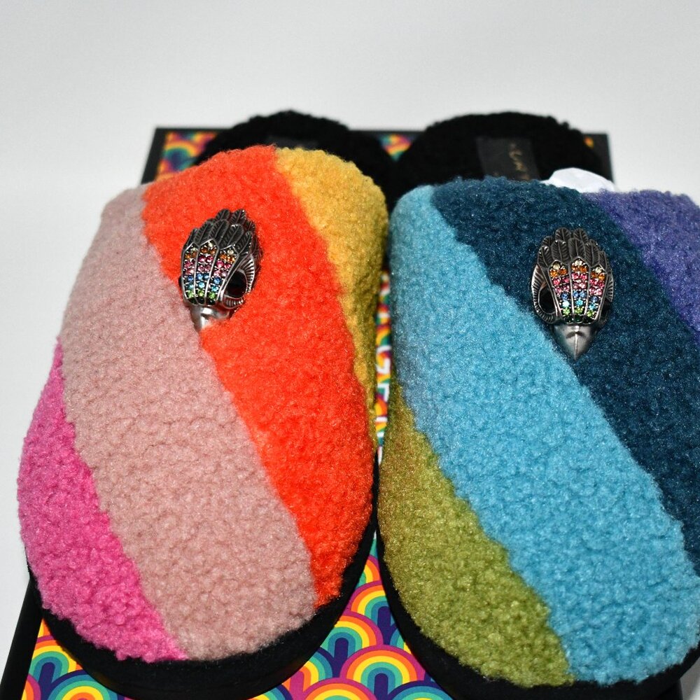 Kurt Geiger Kensington Faux Shearling Rainbow Logo Ornament Slippers in Multi 10 - Picture 2 of 7